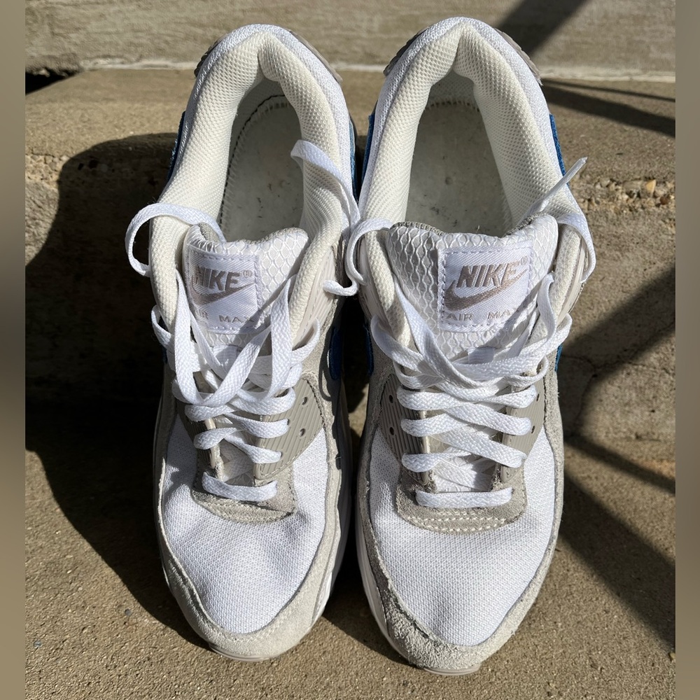 Nike Air Max 90 White and Gray and Blue Sneaker - Picture 2 of 9
